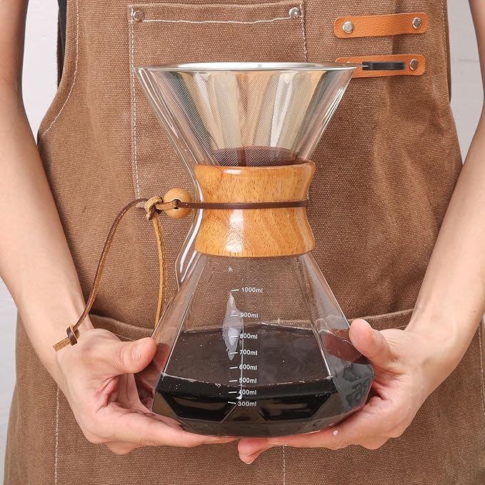 Pour Over Coffee Maker 34 OZ, 10 Cup Borosilicate Glass Drip Coffee Maker with Reusable Stainless Steel Filter and Cork Grip for Home Caf챕 1000 ML (Diamond Shape)
