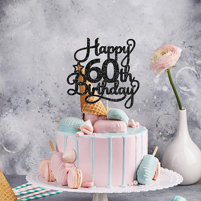 1 Pack Happy 60th Birthday Cake Topper Black Glitter 60 & Fabulous Cheers to 60 Years Old 60th Birthday Cake Pick for Celebrating 60th Birthday Anniversary Party Cake Decorations Supplies