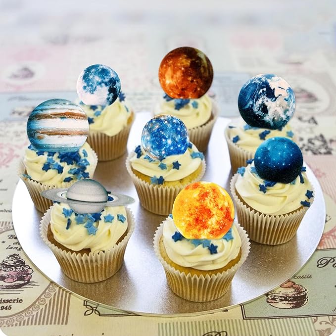 54 Pcs Edible Outer Space Cupcake Toppers Wafer Paper Solar System Galaxy Universe Planets Cupcake Picks for Drink Topper Baby Shower Boys Girls Birthday Outer Space Themed Party Cake Decorations