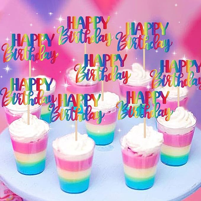 ZHUOWEISM 30 PCS Rainbow Happy Birthday Cupcake Toppers - Glitter Cupcake Picks for Celebrating Birthday & Anniversary Parties - Non-Edible Cake Decorations