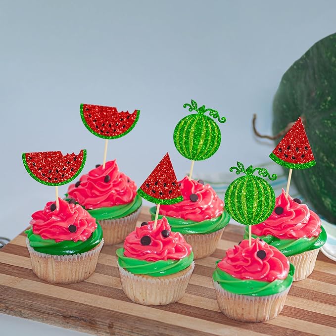 24Pcs Watermelon Cupcake Toppers One in a Melon Cupcake Picks Watermelon Fruit Cake Topper decorations for Baby Girl Birthday Party Cake Decorations Supplies