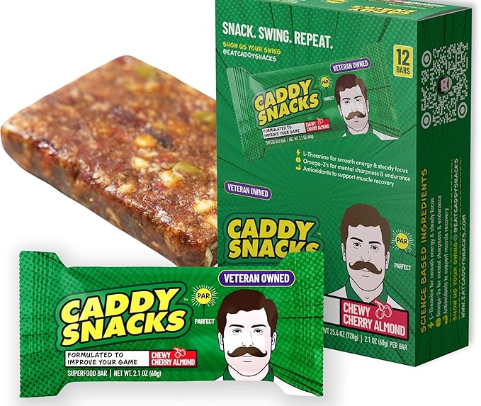Caddy Snacks Chewy Cherry Almond ??Healthy Snack Bars | Low Sugar | Vegan | Gluten Free | On-the-Go Golf Snack | 2.1 oz Bars, 12 Count
