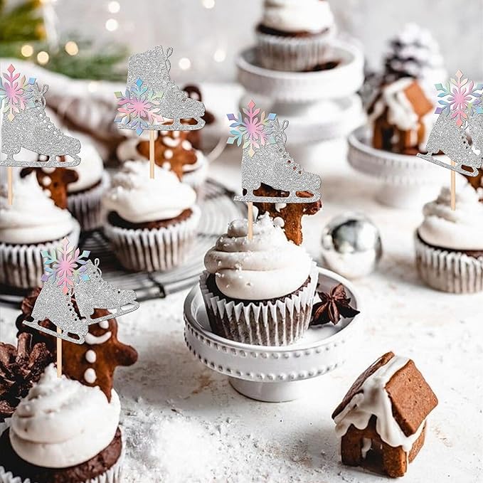 24 PCS Ice Skating Cupcake Toppers Glitter Ice Sports Snowflake Cupcake Picks for Skating Theme Baby Shower Kids Birthday Party Cake Decorations Supplies Silver