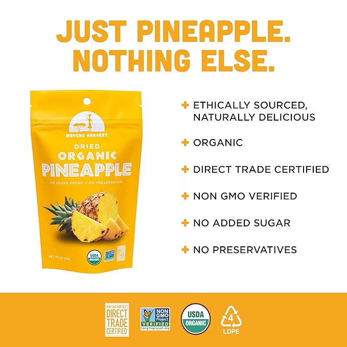 Mavuno Harvest Pineapple Dried Fruit Snacks | Organic Dried Pineapple Chunks| Gluten Free Healthy Snacks for Kids and Adults | No Sugar Added, Vegan, Non GMO, Direct Trade | 2 Ounce, Pack of 6