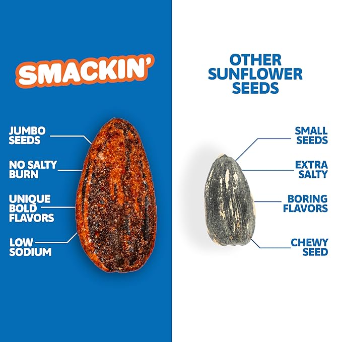 SMACKIN' - Jumbo Roasted Sunflower Seeds, No Salty Burn, American Made, Easy Pour & Seal - Backyard BBQ, 4oz bag (12 Bags)