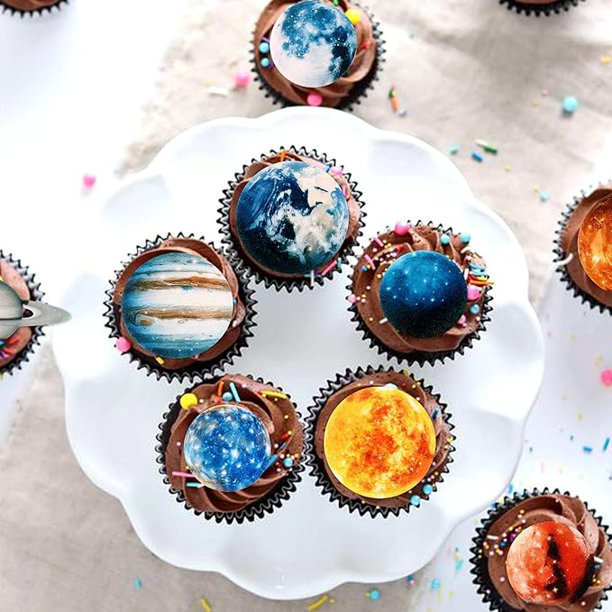 54 Pcs Edible Outer Space Cupcake Toppers Wafer Paper Solar System Galaxy Universe Planets Cupcake Picks for Drink Topper Baby Shower Boys Girls Birthday Outer Space Themed Party Cake Decorations