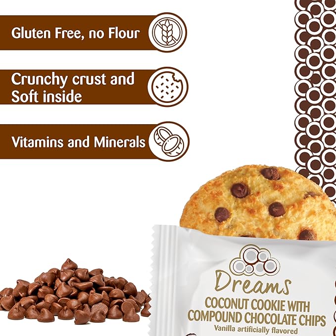 Coconut Cookie with Compound Chocolate Chips – Macaroons, Vegan Snacks, Gluten-Free, Protein and Nutrient Packed – DREAMS COCONUT – Pack of 4 (x 1.48oz/42g), 5.92oz/ 168g