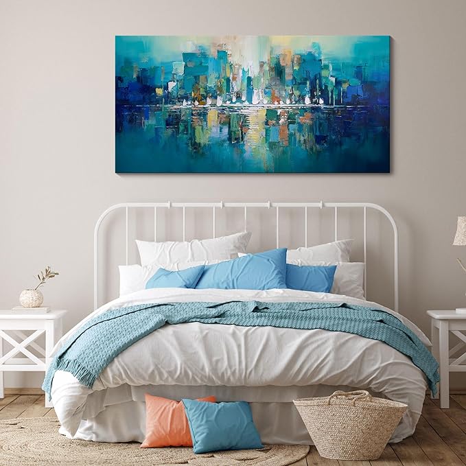 Large Wall Art for Living Room - Abstract Wall Decor Framed Picture Artwork for Wall Decorative Paintings Teal and White Modern Office Bedroom Art