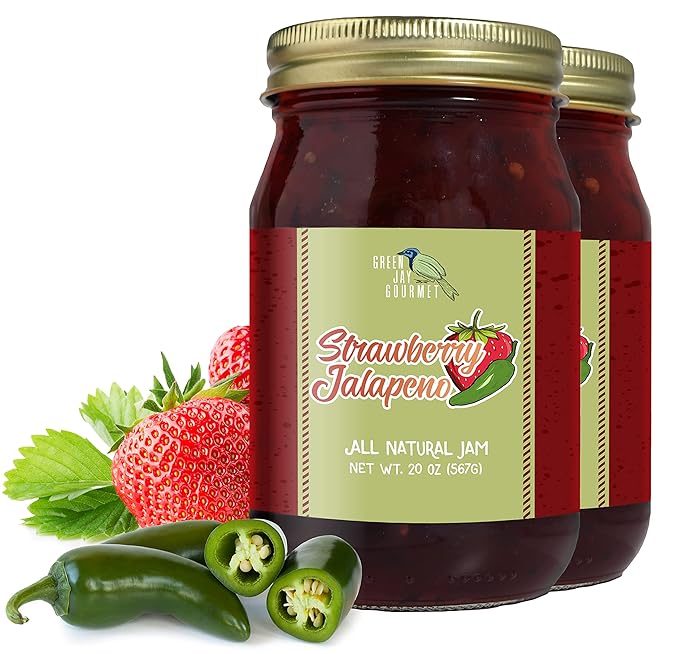 Green Jay Gourmet Strawberry Jalapeno Jam - All-Natural Strawberry Jam with Fresh Strawberries, Jalapeno Peppers & Lemon Juice - Vegan, Gluten-free Jam w/ No Preservatives - Made in USA - 2 x 20 Ounce