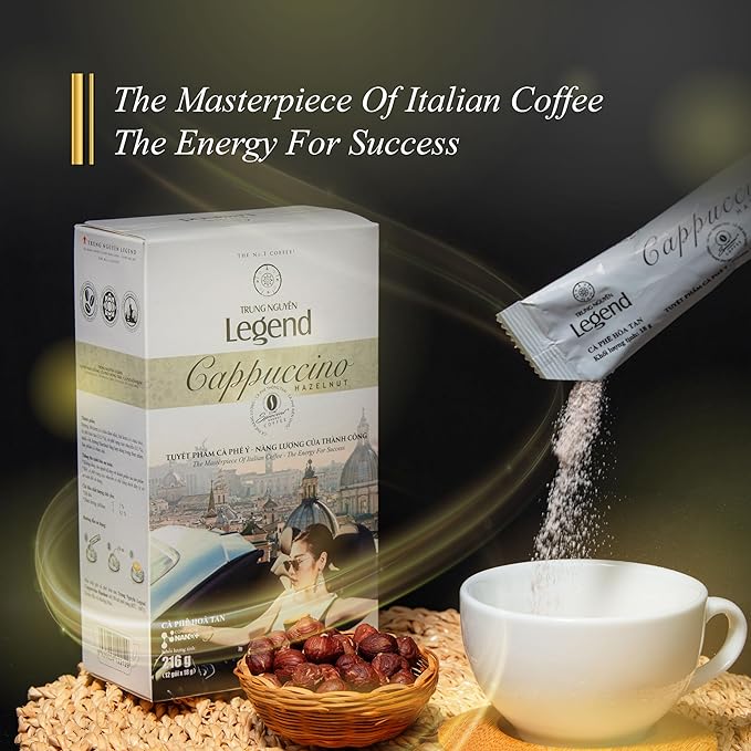 TRUNG NGUYEN LEGEND Cappuccino Hazelnut Instant Coffee Single Served Stick for Energy Boost (8oz - Box of 12 Sticks)