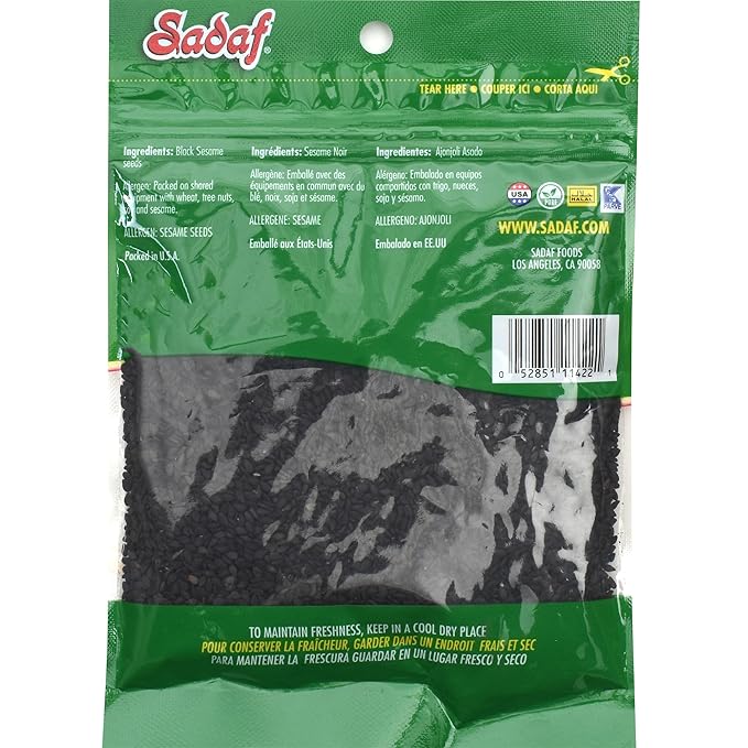 Sadaf Black Sesame Seeds - Sesame Seeds for Cooking and Food Flavoring - Spice Mediterranean Cuisine - Semillas de Ajonjoli - Kosher - 3 Oz Resealable Bag