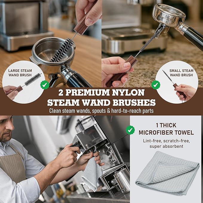 Takavu Coffee Grinder Cleaning Kit ??5pcs Boar Bristle Grinder Brush, Detail Scrub Brush, Steam Wand Brushes & Microfiber Towel for Espresso Machine Coffee Maker Pour Over