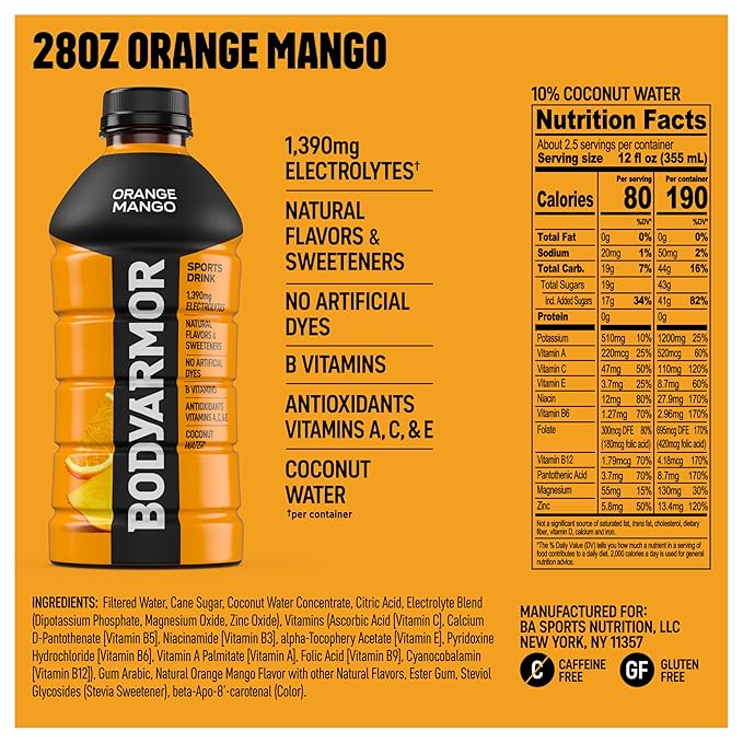BODYARMOR Sports Drink Sports Beverage, Orange Mango, Coconut Water Hydration, Natural Flavors With Vitamins, Potassium-Packed Electrolytes, Perfect For Athletes, 28 Fl Oz (Pack of 15)