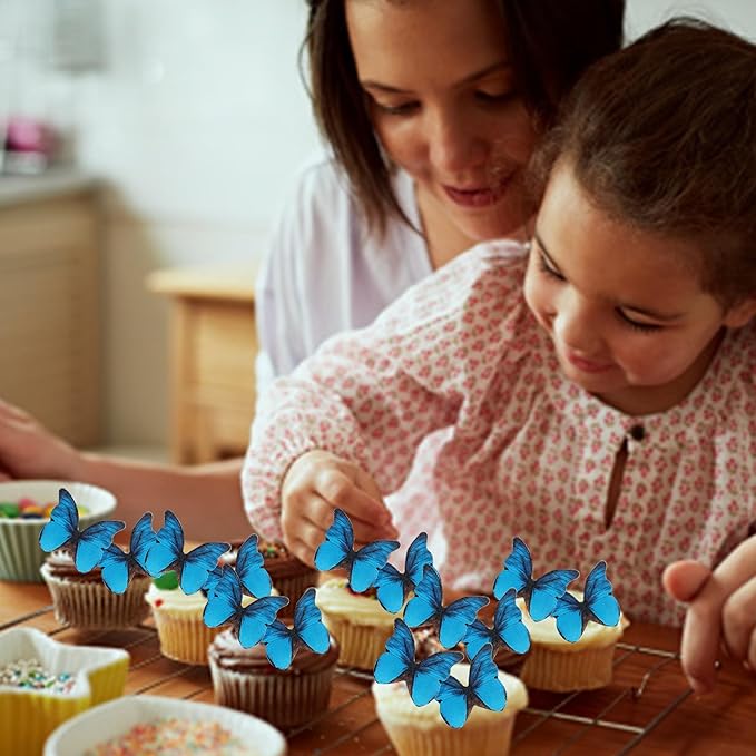 48PCS Edible Butterfly Cupcake Toppers Edible Butterfies for Cake Decorating Wafer Paper Edible Butterfly Cupcake Picks for Wedding Anniversary Kids Birthday Party Cake Decorations Supplies Blue