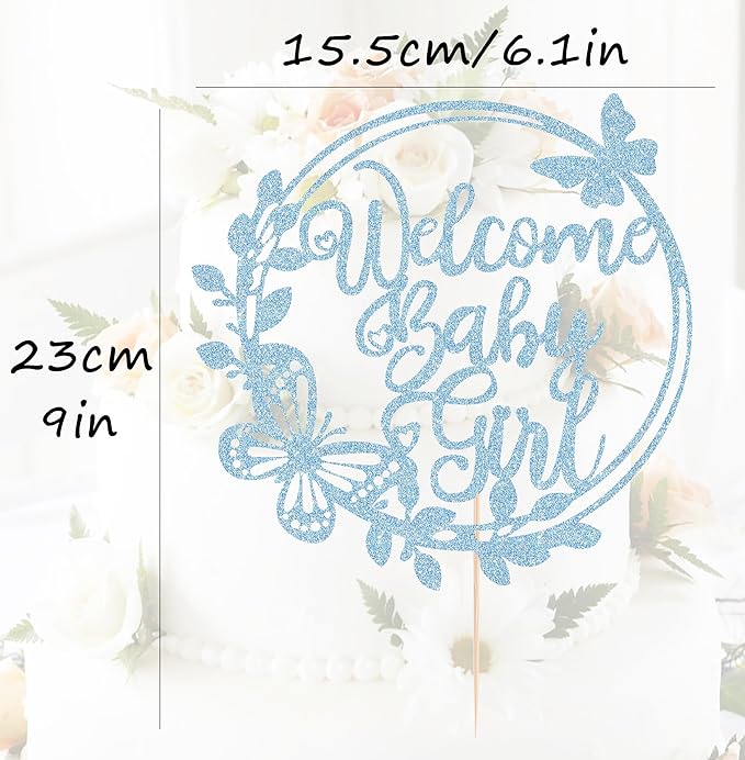 Welcome Baby Girl Cake Topper - Light Blue Glitter Baby Shower Cake Decorations, Baby Girl Cake Decor, for Baby Shower/Birthday Party/Gender Reveal Party Photo Booth Props