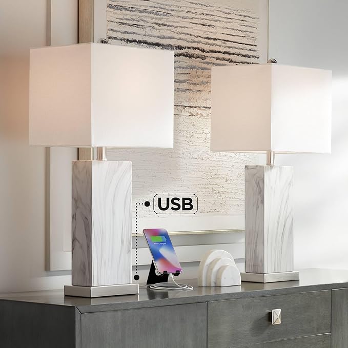 360 Lighting Connie Mid Century Modern Table Lamps 25" High Set of 2 with USB Charging Port White Faux Marble Rectangular Shade for Living Room Desk Bedroom House Bedside Nightstand Home