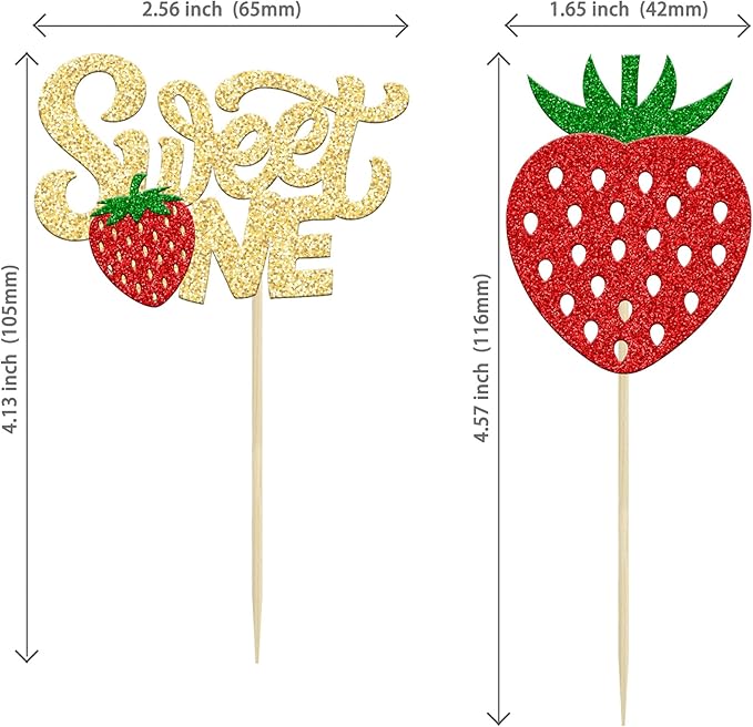 24Pcs Strawberry Sweet One Cupcake Toppers Glitter First Birthday Strawberry Cupcake Picks for Fruit Theme Baby Shower Kids 1st Birthday Anniversary Party Cake Decorations Supplies