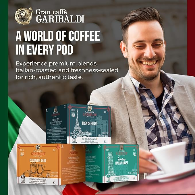 Caffè Garibaldi Colombian Decaf Coffee Pods, Single-Serve Capsules for Keurig K-Cup Brewers, Single Serve Cups with 100% Arabica Blend for Coffee Makers, 12 Count Recyclable Pods - Medium Roast