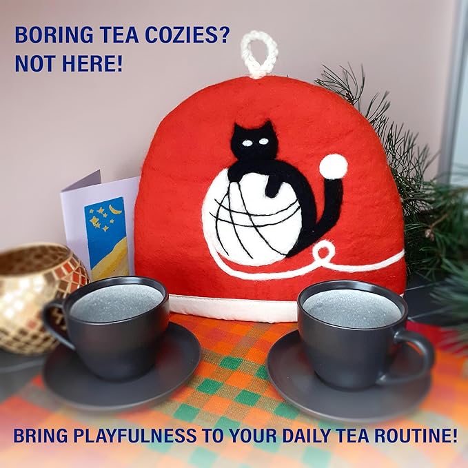 Tea Cozy for Teapot Large - Keep Your Brew Warm and Stylish with This Felted Tea Cosy, Enhancing Flavor and Aesthetics - Fits 6-Cup Teapot & 34oz French Press (Black cat, red)