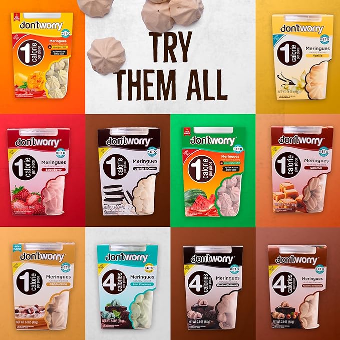 Don't Worry Low Calorie Meringue Cookies - 4 Pack - Capuccino and Cookies & Cream, Just 1 Calorie per Piece | Low Sugar Candy, Gluten Free, Protein Snacks | Keto Friendly and Healthy Snacks for Adults