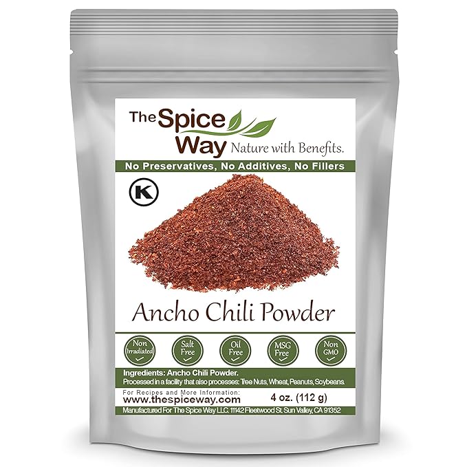 The Spice Way Premium Ancho Chile - Pure Ancho Chilli Powder (4 oz) made from pure dried ancho chili peppers with no additives, no agents. resealable bag