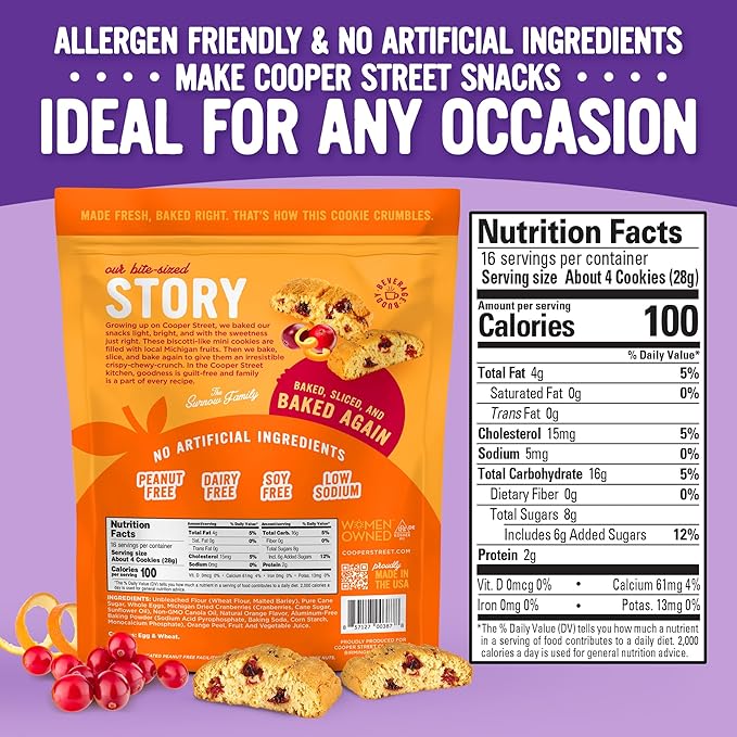 Cooper Street Twice-Baked Orange Cranberry Biscotti Cookies (16 oz - Pack of 4) ??Over 50 Biscotti per Bag Loaded with Real Fruit, Italian Style Snacks with Coffee or Tea - Dairy, Peanut & Soy Free