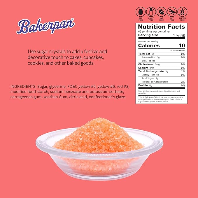 Bakerpan Sugar Sprinkles for Baking - 7 Ounce Georgia Peach Decorating Sugar Crystals for Cookies, Cake Pops, Ice Cream (Made in USA)
