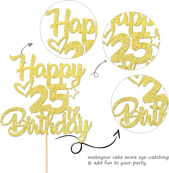1 Pack Happy 25th Birthday Cake Topper Glitter Heart Star 25 Fabulous Cake Pick Birthday Sign Cake Decorations for Children 25th Birthday Theme Party Supplies Gold