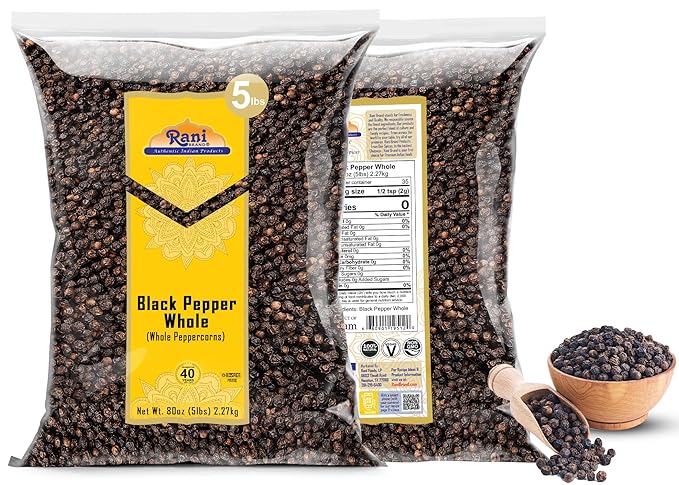 Rani Black Pepper Whole (Peppercorns), Premium MG-1 Grade 80oz (5lbs) 2.27kg Bulk ~ All Natural | Gluten Friendly | Non-GMO | Kosher | Product of Vietnam | Perfect size for Grinders!