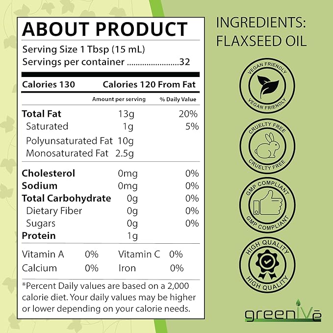 GreenIVe Flax Seed Oil Organically Grown100% Pure Cold Pressed High Vegan Omega Fatty Acids (16 Fl Oz)