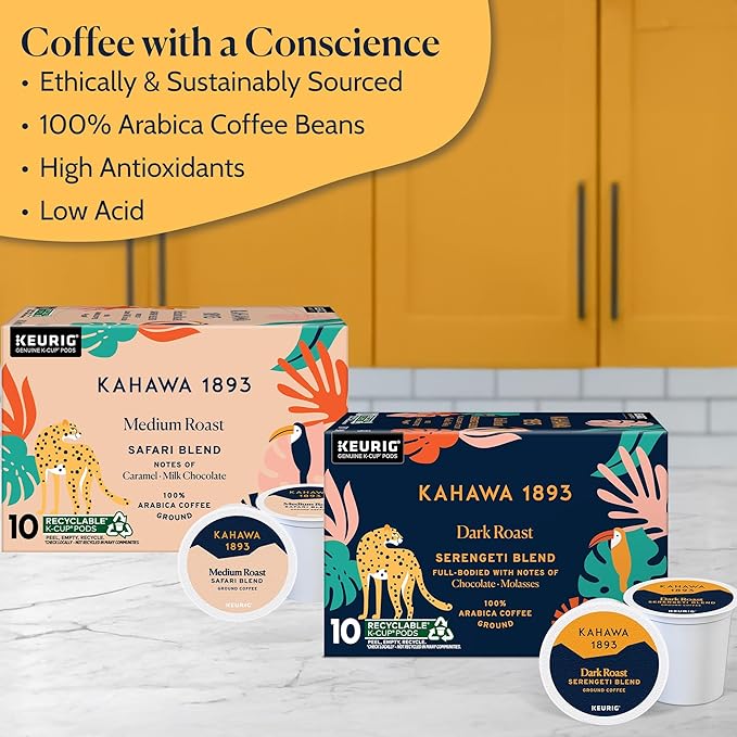 Kahawa 1893 Variety Pack Coffee K-Cup Pods - Safari & Serengeti Blend (40 Count) - As Seen on Shark Tank, 2 Boxes Medium Roast + 2 Boxes Dark Roast, Ethically & Sustainably Sourced