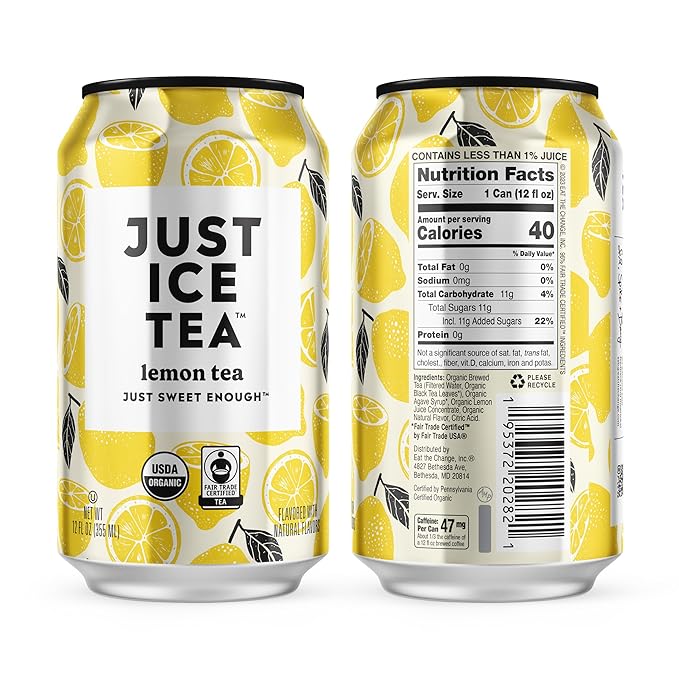 Just Ice Tea, Lemon Flavored Black Iced Tea, 24-Pack (12oz Cans), USDA Certified Organic, Real Brewed, Low Calorie, No Artificial Sweeteners, Fair Trade, Made in USA.