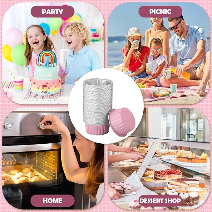 Hushee 600 Pcs Aluminum Foil Baking Cups with Lids and Spoons 5oz Disposable Ramekins Dessert Muffin Creme Brulee Cupcake Liners Containers for Wedding Birthday Christmas Party(Round,Pink)
