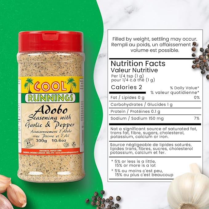 Cool Runnings Adobo Seasoning with Pepper and Garlic 300g ??Savory and Aromatic Adobo Spice Blend for Meats, Vegetables, Fish, Seafood and Stews