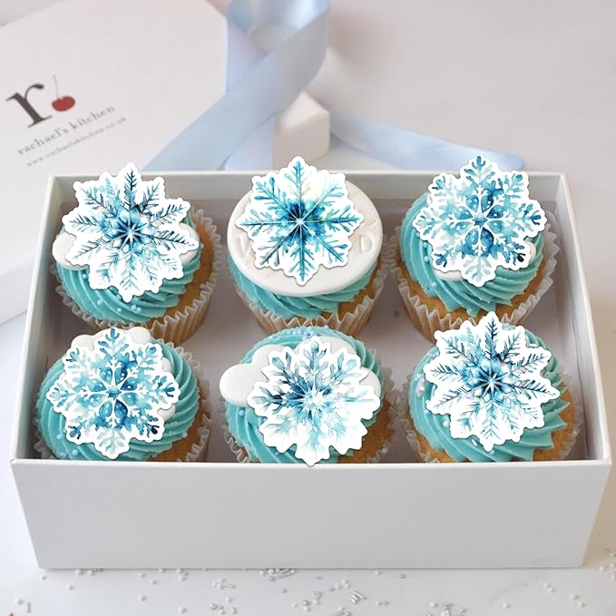 60 PCS Edible Snowflake Cupcake Toppers Snowflakes Cupcake Picks Edible Frozen Birthday Decorations for Winter Wonderland Baby Shower Birthday Christmas Party Cake Decorations Supplies White Blue