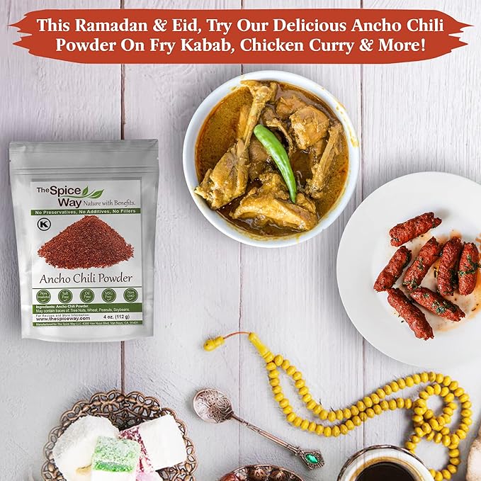 The Spice Way Premium Ancho Chile - Pure Ancho Chilli Powder (4 oz) made from pure dried ancho chili peppers with no additives, no agents. resealable bag