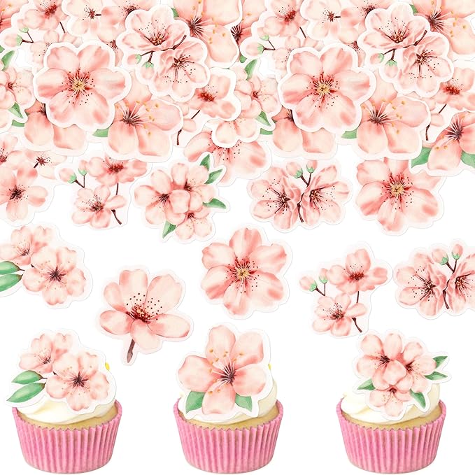 40 PCS Edible Cherry Blossoms Cupcake Toppers Wafer Paper Cherry Blossoms Flowers Cake Decorations for Baby Shower Kids Birthday Party Decorations Supplies