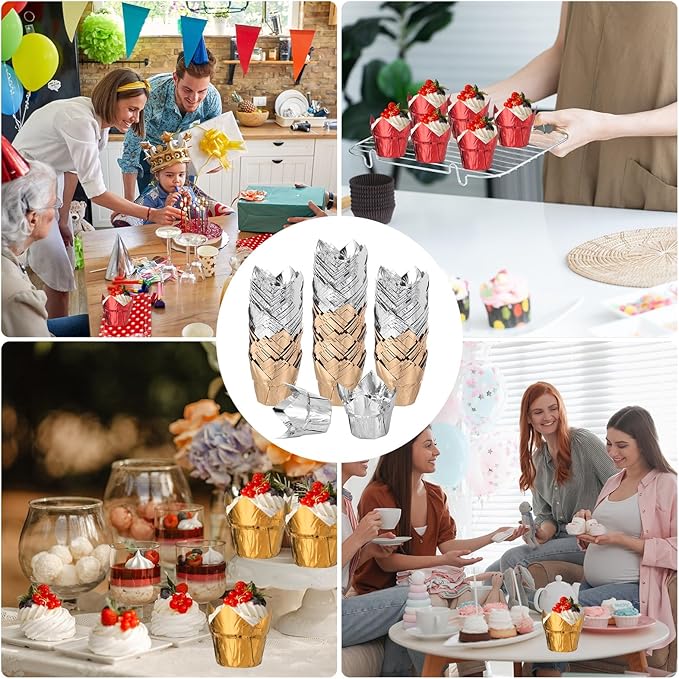 uxcell 100 Pcs Tulip Cupcake Liners, Muffins Liners Aluminum Foil Cupcake Wrappers Baking Cups Muffins Liners for Wedding Birthday Party Supplies, Silver/Champagne Gold