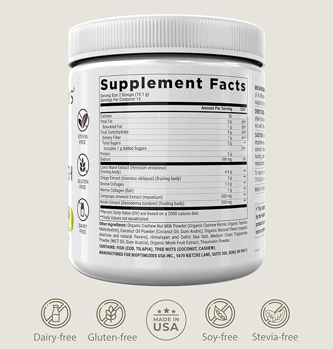 BIOptimizers Mushroom Coffee Alternative ??Salted Caramel Drink ??Lion?™s Mane, Chaga, Reishi + Collagen Peptides for Focus, Energy & Gut Health ??Adaptogenic Mushrooms & MCT Powder ??15 Servings