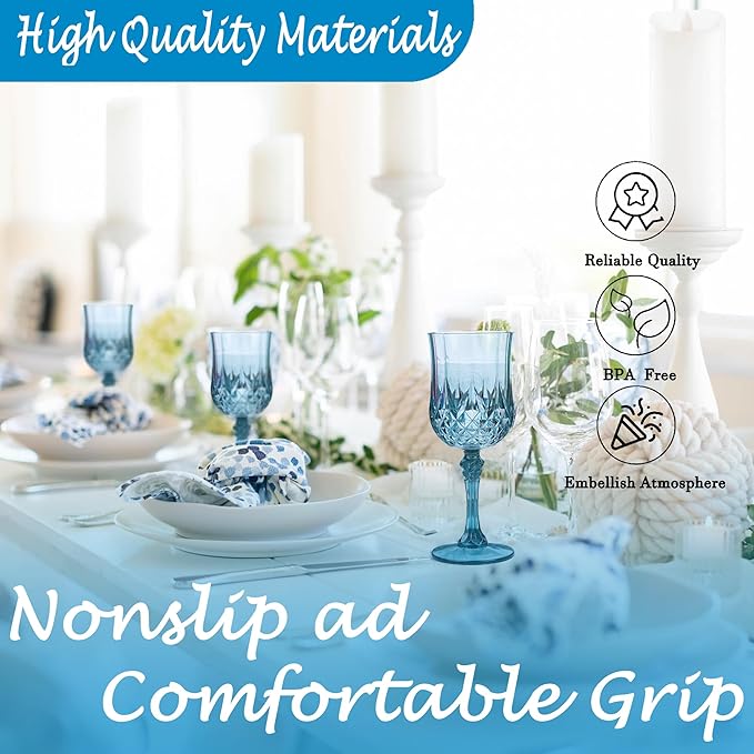 Plastic Wine Glasses,Plastic Goblets Vintage Style Cordial Drinking Glasses for Wedding Reception, Grand Event Party Supplies (12, Dusty Blue)