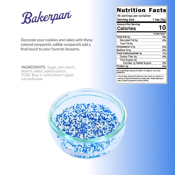 Bakerpan Blue and White Nonpareils Sprinkles - 7 Ounces Sprinkles For Cake Decorating - Edible Nonpareils For Cupcakes, Ice Cream, Cake Decorations (Made in USA)