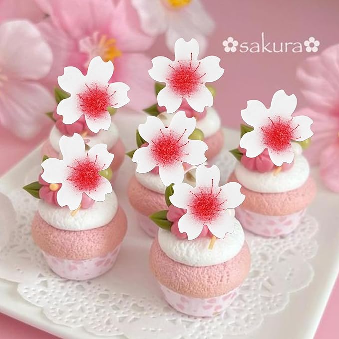 100 Pack Edible Cherry Blossom Cake Toppers - Flowers Cupcake Picks Rice Paper Wafer for Baby Shower, Bridal Shower, Kids Birthday Party Cake Decorations