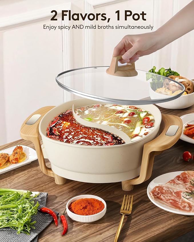 Hot Pot Electric Hot Pot with Divider, Large 6L Nonstick Dual-Sided Shabu Shabu Pot Dual-Flavor hotpot electric 1500W with Adjustable 5-Temperature Control 竊똏erfect for Family Dinners & Parties