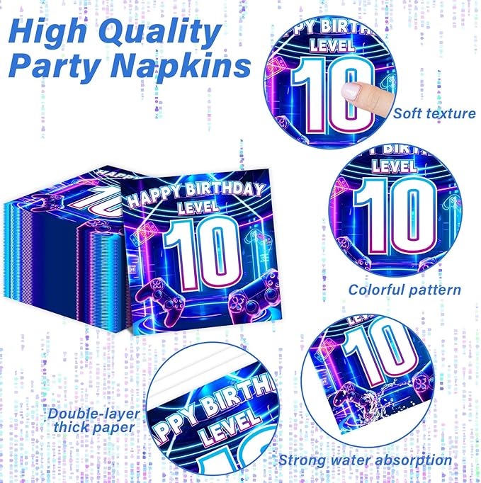 96Pcs 10th Birthday Video Game Plates and Napkins Gamer 10 Years Old Party Decorations Purple and Blue Level 10 Dessert Plates 10th Birthday Tableware for 24 Guests Boys Kids Gaming Party Supplies