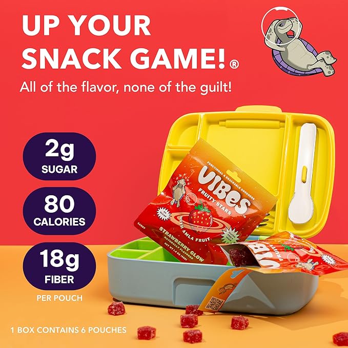 VIBES Strawberry Glow Fruity Stars - Healthy Gluten-Free & Vegan Fruit Chews - Fruit Snacks for Kids, Teens, & Adults - High Fibre - non-gmo - 2g Sugar - 6 Pouches of 18 Fruit Gummies in Each Box