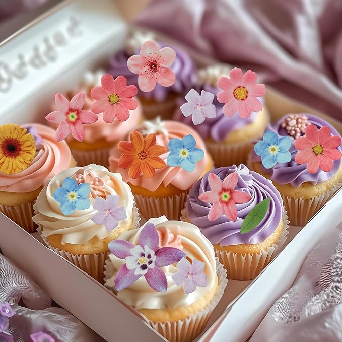 50 PCS Edible Flowers Cupcake Toppers Sunflower Cherry Blossom Green Leaf Cake Toppers Flowers Birthday Decorations for Wedding Themed Party Baby Shower Birthday Cake Decoration Mixed Size & Colour