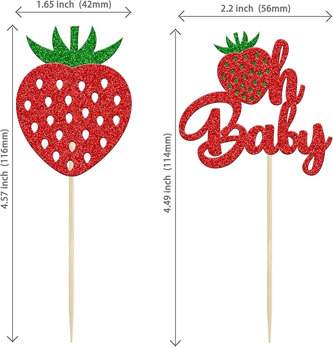 24Pcs Strawberry Oh Baby Cupcake Toppers Glitter Fruit Theme Babyshower Strawberry Cupcake Picks for Gender Reveal Baby Shower Kids Boys Girls Birthday Party Cake Decorations Supplies