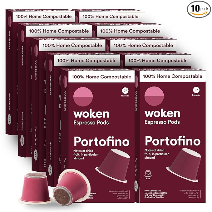 WOKEN COFFEE Compostable Nespresso Pods - Portofino Medium Roast Italian Espresso Coffee Capsules Compatible With Nespresso Coffee Machine (100 Pod Count, 10 Boxes)