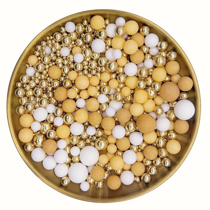 Edible Light Brown & Yellow & White & Gold Sugar Pearls Sprinkles Candy Mix Size Pearls Cake Decorations Cupcake Toppers Decorating Perfect for Wedding Party Valentine Christmas Supplies 4.58OZ