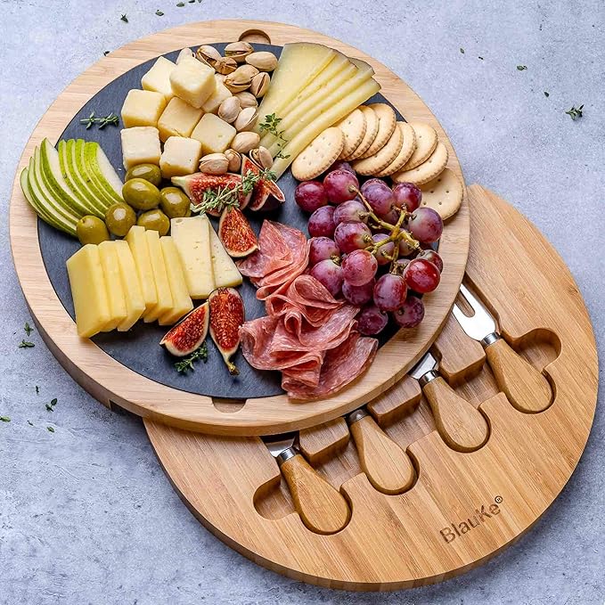 BlauKe Bamboo Cheese Board with Knife Set and Slate – 12 inch Round Charcuterie Board, Serving Tray, Platter, Wood Cheeseboard Set – Gift Idea